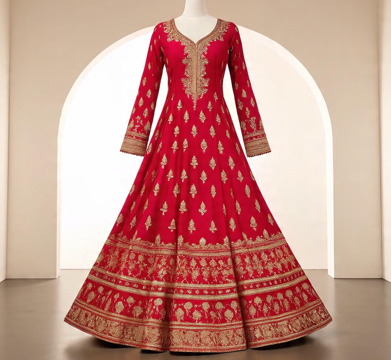 anarkali_style_kurti_in_bright_red_with_golden