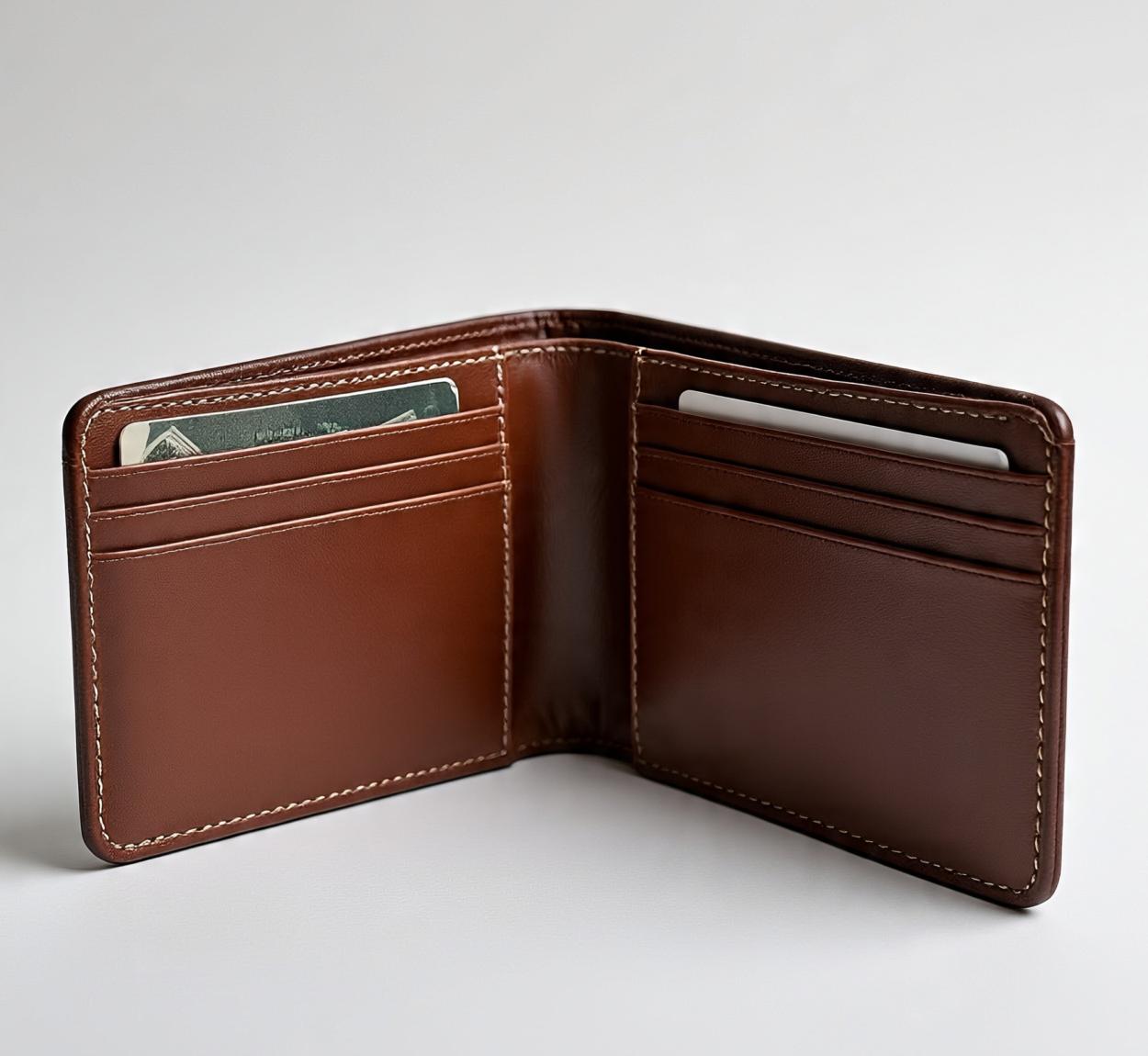 brown_full_grain_leather_bifold_wallet_displayed_open