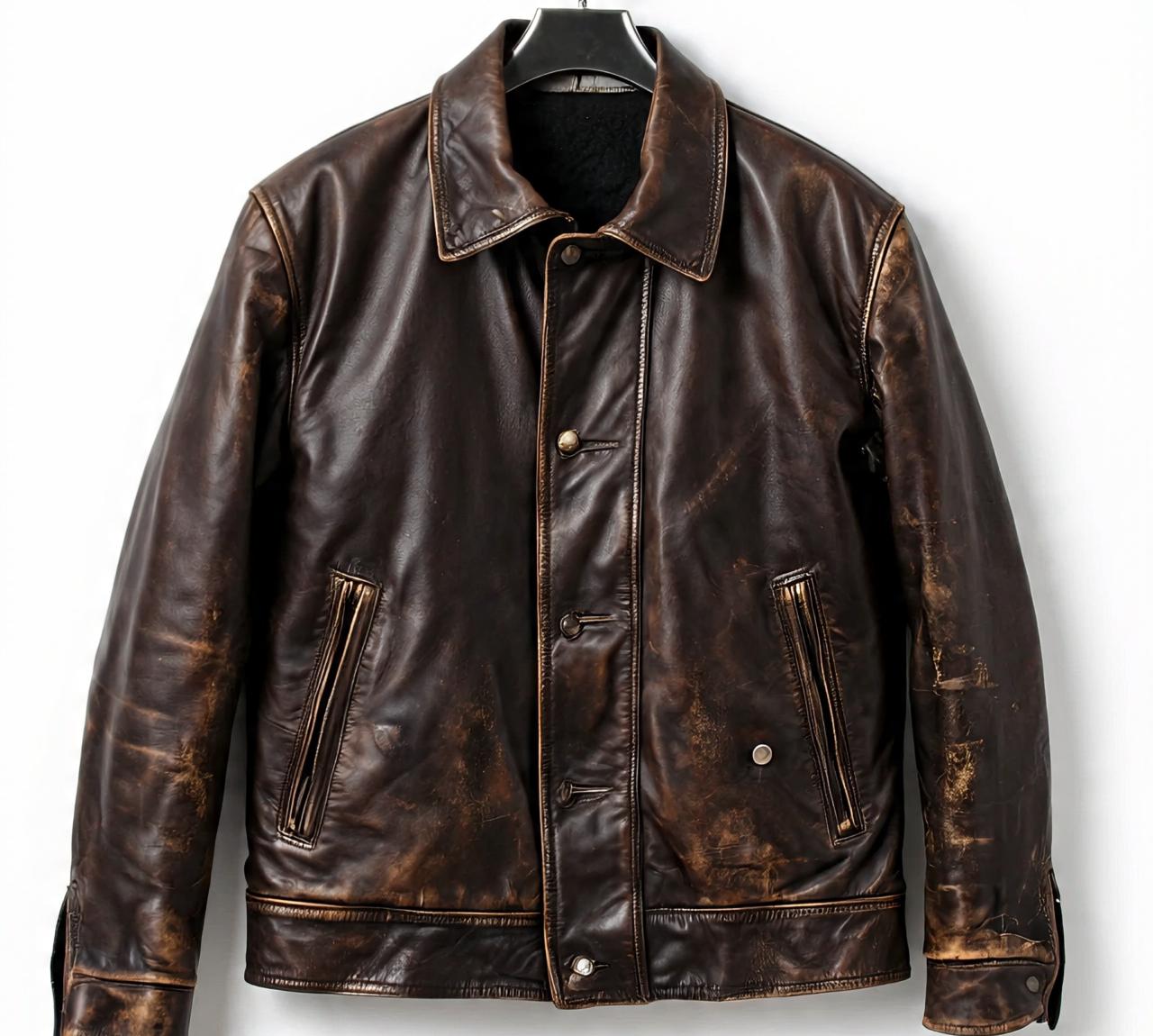 dark_brown_distressed_leather_jacket_on_hanger