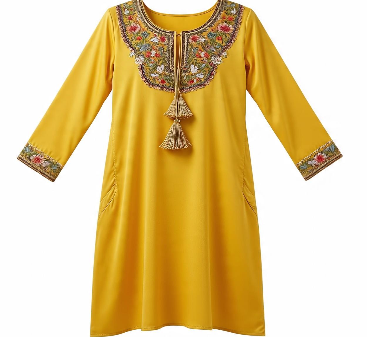 yellow_silk_kurti_with_embroidered_yoke_and